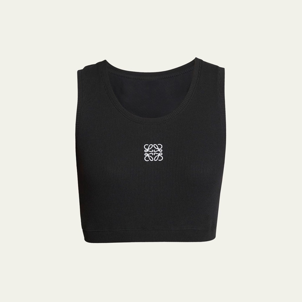 Black Ribbed Crop Tank Top with Center Logo